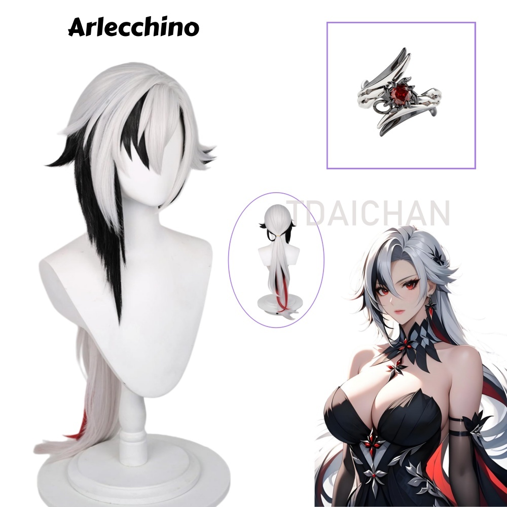 Cosplay Anime Black Hair - Wig Cosplay Genshin Impact Arlecchino Rambut